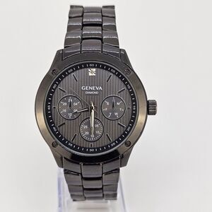 Geneva Diamond Men Quartz Watch 42MM Black‎ Dial Bracelet Band 7.75" New Battery